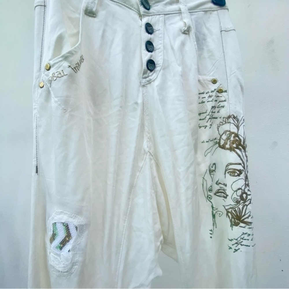 Y2K Euro Desigual Cream & Gold Beautiful Is Different Face Joggers Size 34 XS